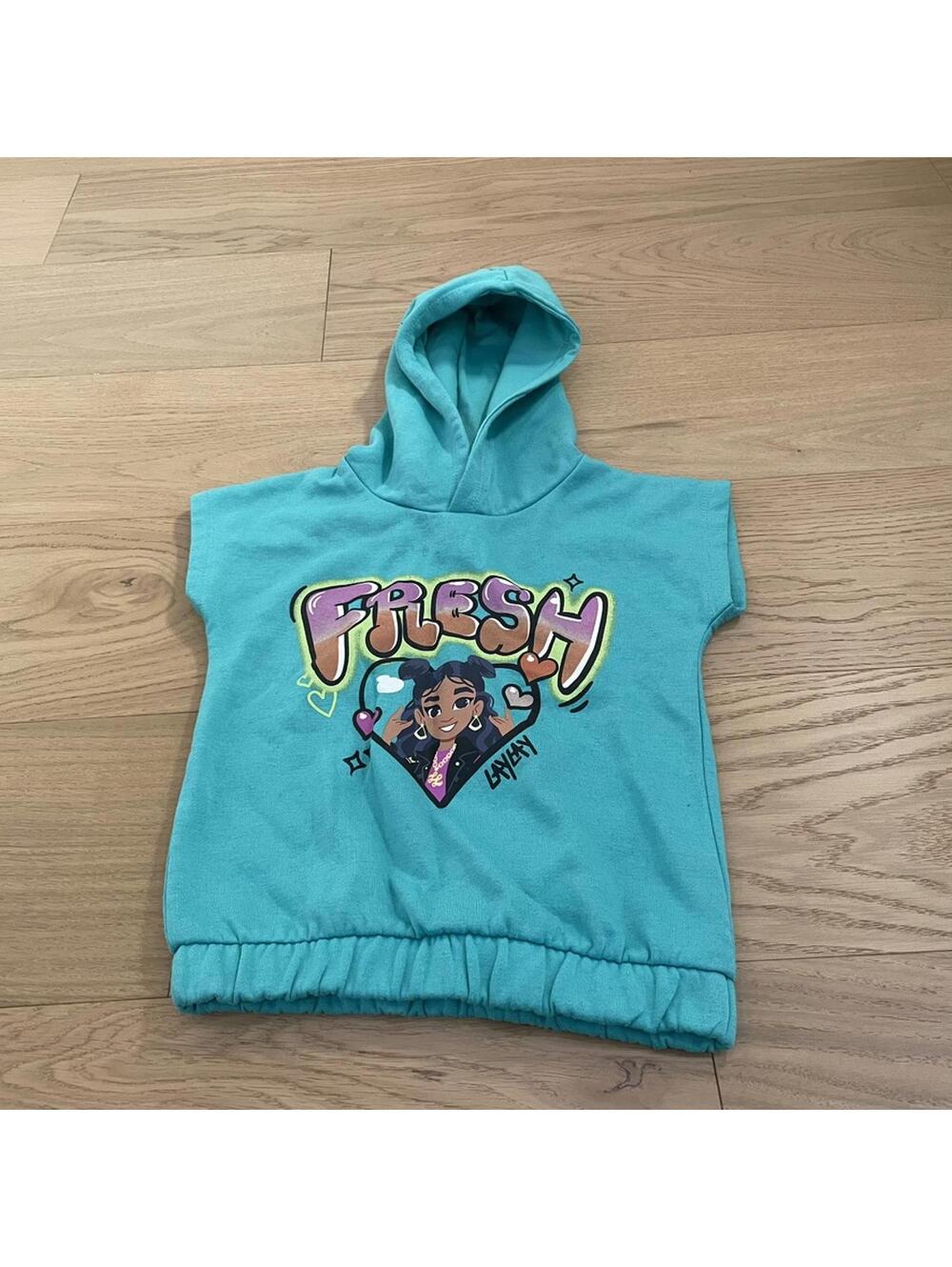 Girls Hooded Top – Size 7/8 – Teal “Fresh” Graphic – H.E.R. Collection